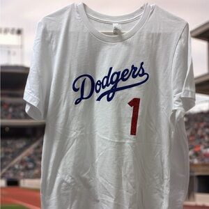 Elton John Bella Canvas White Dodgers Tee with Blue Script and Red '1'